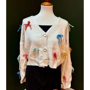 Luna Ivy White/Cream Cropped Colorful Bows Cottagecore Sweater‎ Women's S